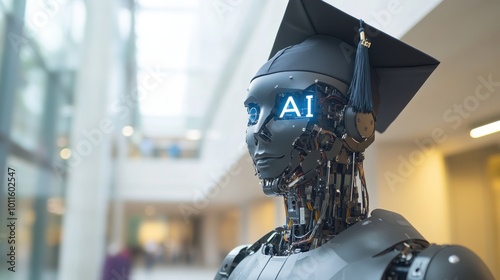Obraz na płótnie AI robot wearing a graduate cap graduated from university, artificial intelligence is replacing and displacing humans w salonie