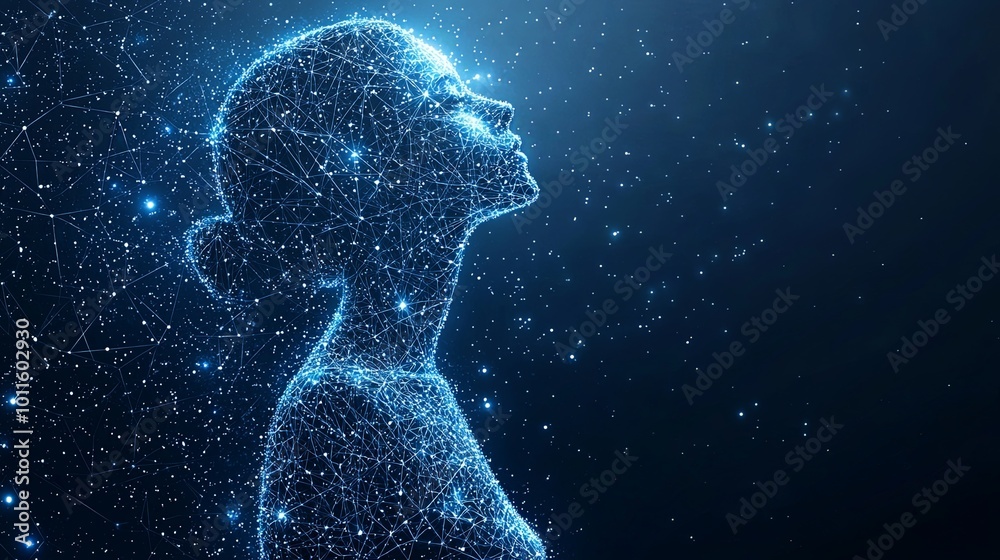 A digital human profile in a light-filled matrix looks upwards among stars, capturing the quest for knowledge and unity with the universe in artistic rendering.