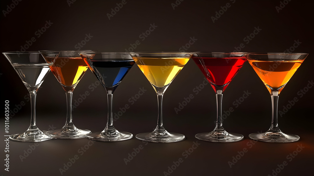 Six Colorful Cocktails in Martini Glasses - 3D Illustration Six Colorful Cocktails in Martini Glasses - 3D Illustration