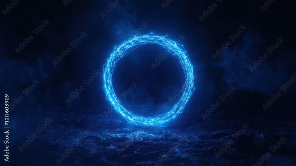 A glowing blue circular portal in a dark, misty environment, suggesting mystery and technology. A glowing blue circular portal in a dark, misty environment, suggesting mystery and technology.