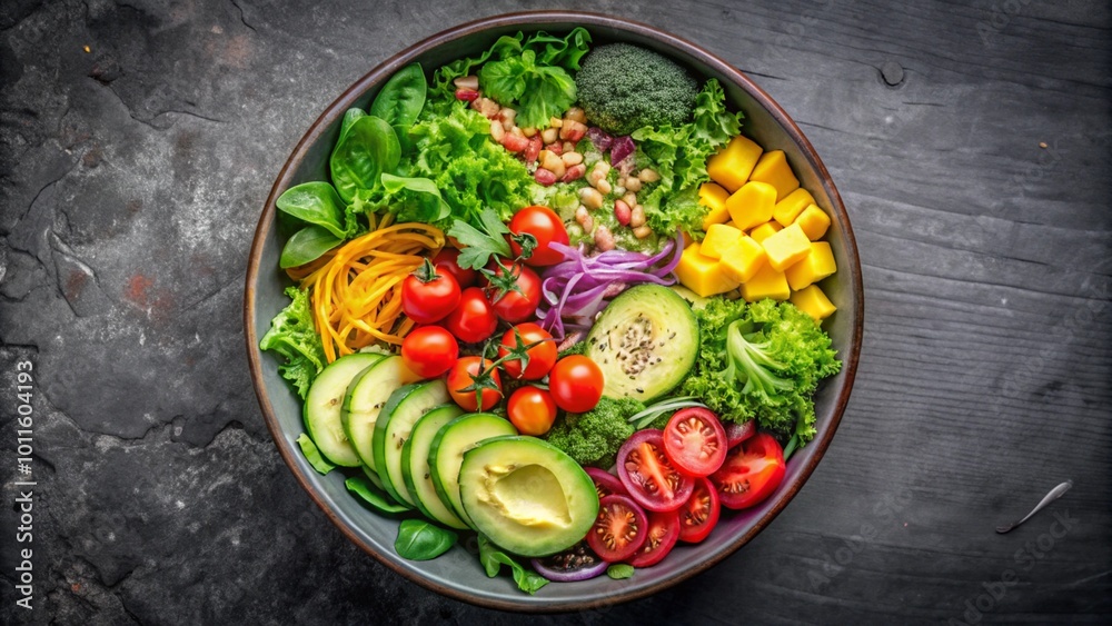 A colorful salad bowl with various vegetables, fruits, and nuts on a dark background. A colorful salad bowl with various vegetables, fruits, and nuts on a dark background.