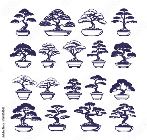 Collection of bonsai in pots of different sizes and shapes. All trees are made in the style of sketch silhouette. Isolated on white background. Vector