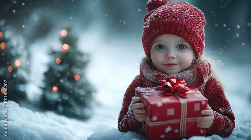 A young girl in a red hat and scarf holds a Christmas gift in a snowy forest. A young girl in a red hat and scarf holds a Christmas gift in a snowy forest.