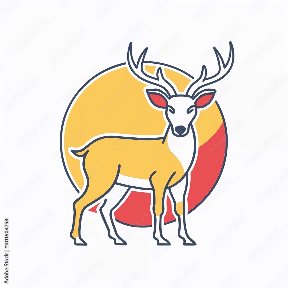 Obraz premium Stylized illustration of a deer with antlers in front of a colorful sun background copy space
