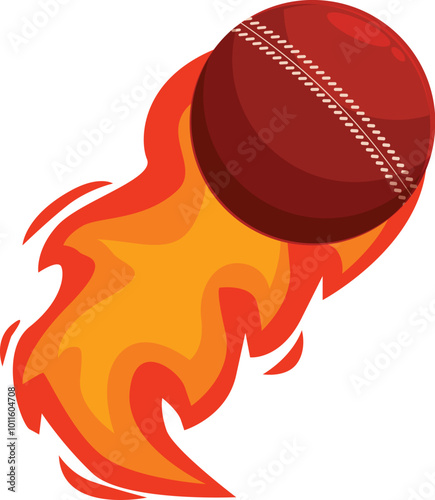 Classic leather cricket ball is flying through the air, leaving a trail of fire, suggesting speed and power
