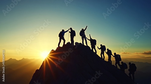 A team of climbers reaching the summit at sunset, symbolizing teamwork and adventure as they conquer the mountain peak, creating a breathtaking backdrop of nature’s beauty.