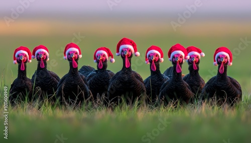 A flock of wild turkeys wearing bright red Santa hats, foraging in a vast green field as the first light of sunrise illuminates the scene. photo