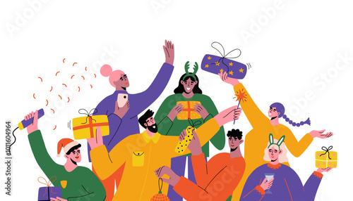Christmas party illustration. Card of diverse people have fun and celebrate winter holidays. Vector design for poster, background, banner.