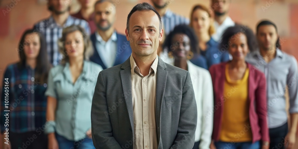 Team leadership concept with a leader standing in front of a diverse group of team members Team leadership concept with a leader standing in front of a diverse group of team members