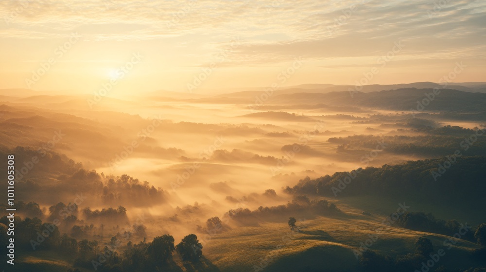 Mist-covered hills at dawn with golden sunlight Mist-covered hills at dawn with golden sunlight