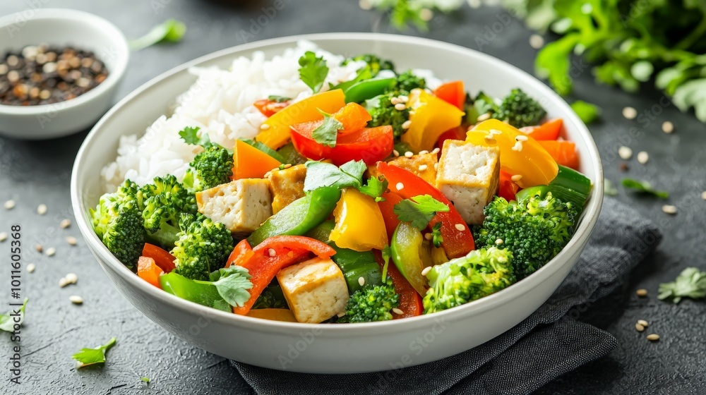 A vibrant vegetable stir-fry with colorful bell peppers, broccoli, and tofu, served with steamed rice in a white bowl A vibrant vegetable stir-fry with colorful bell peppers, broccoli, and tofu, served with steamed rice in a white bowl
