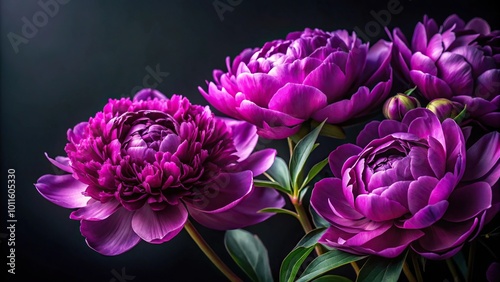 Extreme close-up of purple peony flowers on a dark background