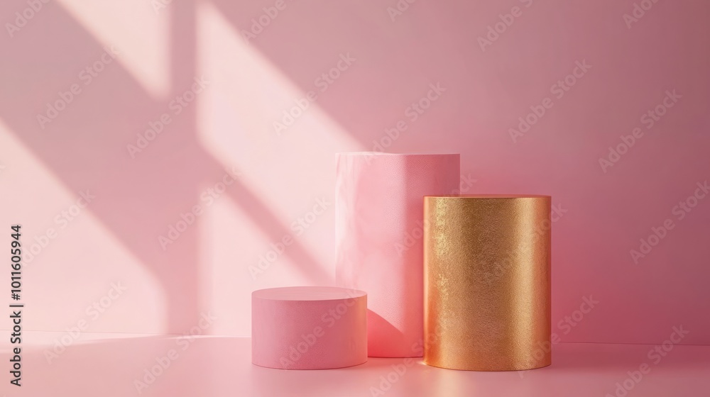 Three cylindrical shapes in pink and gold against a soft background. Three cylindrical shapes in pink and gold against a soft background.