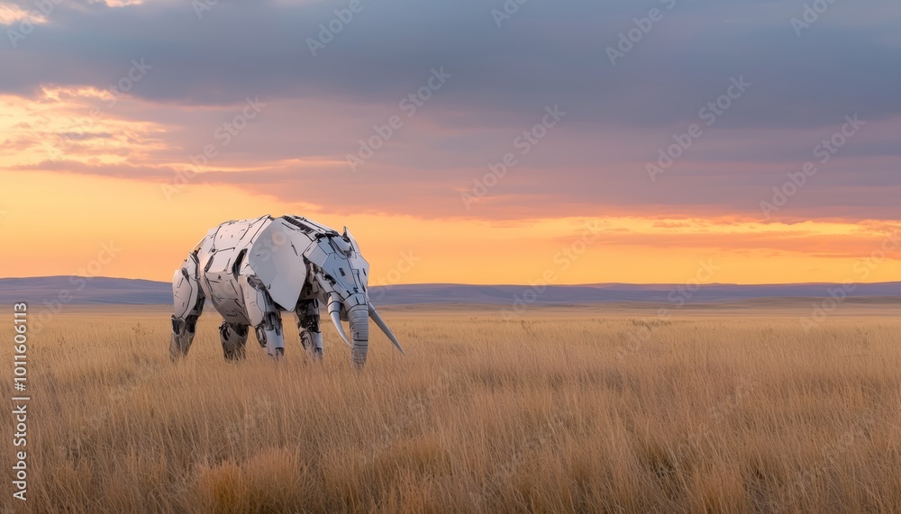 Fototapeta premium A grazing robotic elephant with a sleek metallic body, standing amidst tall grass, under a golden sunset.