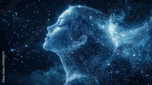 A woman shaped from a digital network of radiant blue lines and glowing stars, her serene expression blending naturally with the intricate cosmic atmosphere.