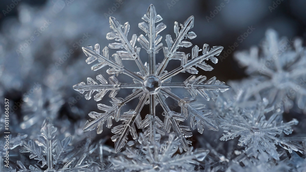 Close-up of snowflakes in winter. Background for winter holidays Close-up of snowflakes in winter. Background for winter holidays