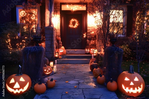 spooky Halloween carved jack-o'-lanterns pumpkins as a decoration with glowing lights photo