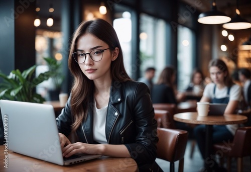 Young woman working on a laptop in a coffee shop, relaxed atmosphere with soft lighting