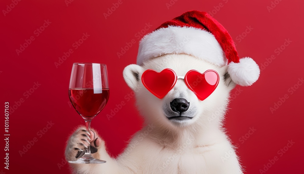 A jolly polar bear cub in a Santa hat and heart-shaped sunglasses, posing humorously with a wine glass and a cheeky expression. A jolly polar bear cub in a Santa hat and heart-shaped sunglasses, posing humorously with a wine glass and a cheeky expression.