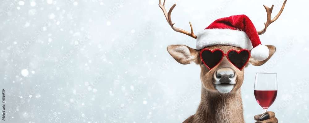 A jolly reindeer in a Santa hat and heart-shaped sunglasses, holding a wine glass with a big smile, posing humorously in the snow.