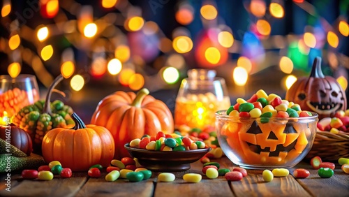 Festive Halloween night with colorful candies and spooky lighting