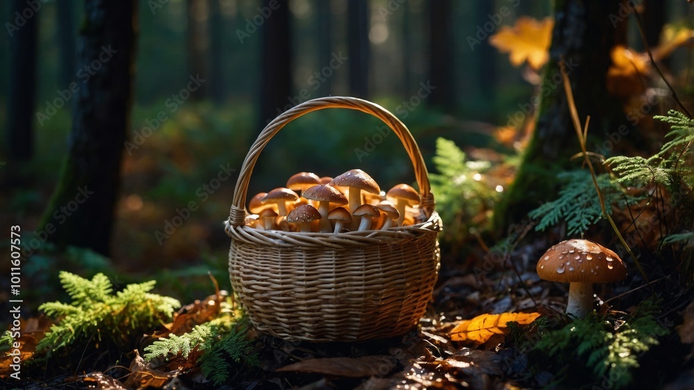 A basket overflowing with mushrooms is placed in a lush forest surrounded by ferns and fall leaves A basket overflowing with mushrooms is placed in a lush forest surrounded by ferns and fall leaves