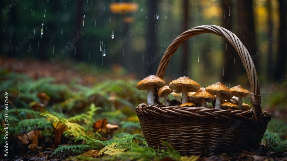 Fresh mushrooms collected in a basket sit amidst vibrant ferns under light rain in the forest