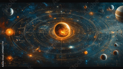 this A detailed diagram of the solar system showing the positions and orbits of all planets and dwarf planets.