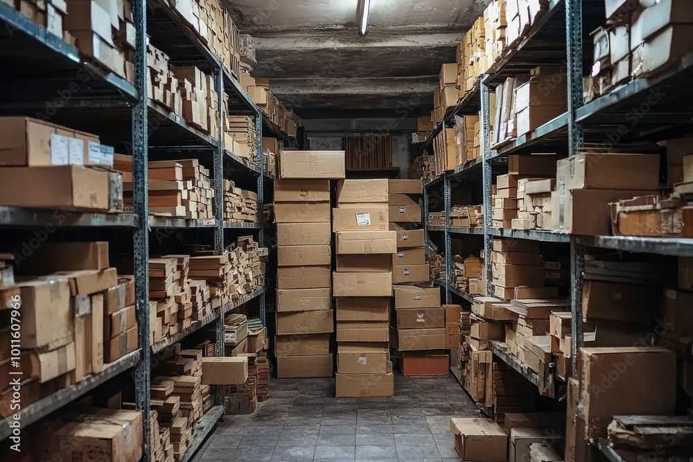 A Narrow Aisle in a Cardboard Box Warehouse A Narrow Aisle in a Cardboard Box Warehouse