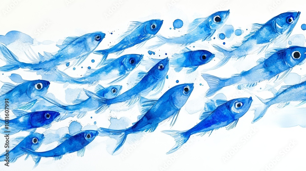 Fototapeta premium The abstract illustration shows a scene of a large number of blue small fish swimming against a pure white background. Minimalist design showcases the fluidity and sportiness of fish schools