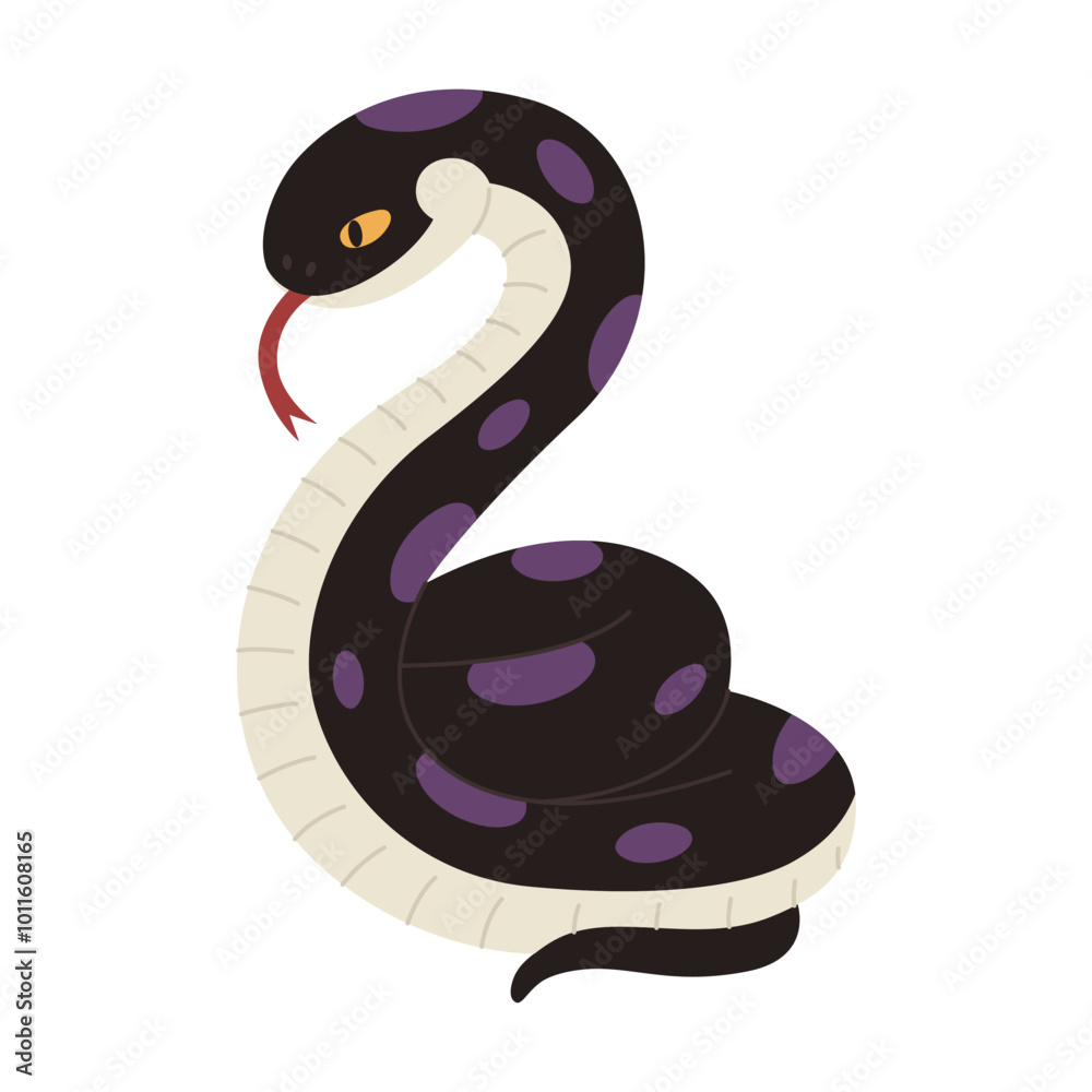 Black snake with purple spots. Halloween character. Mystical witchcraft creature. Vector flat illustration isolated on white background Black snake with purple spots. Halloween character. Mystical witchcraft creature. Vector flat illustration isolated on white background
