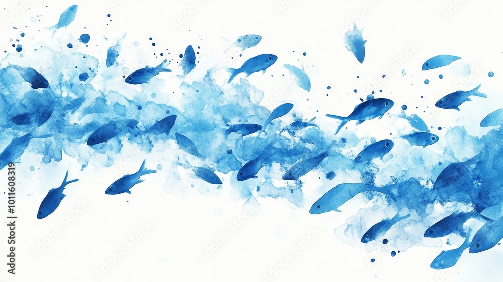 The abstract illustration shows a scene of a large number of blue small fish swimming against a pure white background. Minimalist design showcases the fluidity and sportiness of fish schools The abstract illustration shows a scene of a large number of blue small fish swimming against a pure white background. Minimalist design showcases the fluidity and sportiness of fish schools