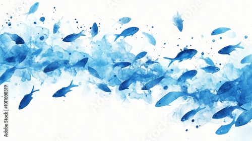 Wallpaper Mural The abstract illustration shows a scene of a large number of blue small fish swimming against a pure white background. Minimalist design showcases the fluidity and sportiness of fish schools Torontodigital.ca