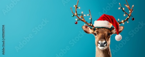 A reindeer wearing a festive Santa hat, with its antlers wrapped in twinkling fairy lights, surrounded by holiday decorations. photo