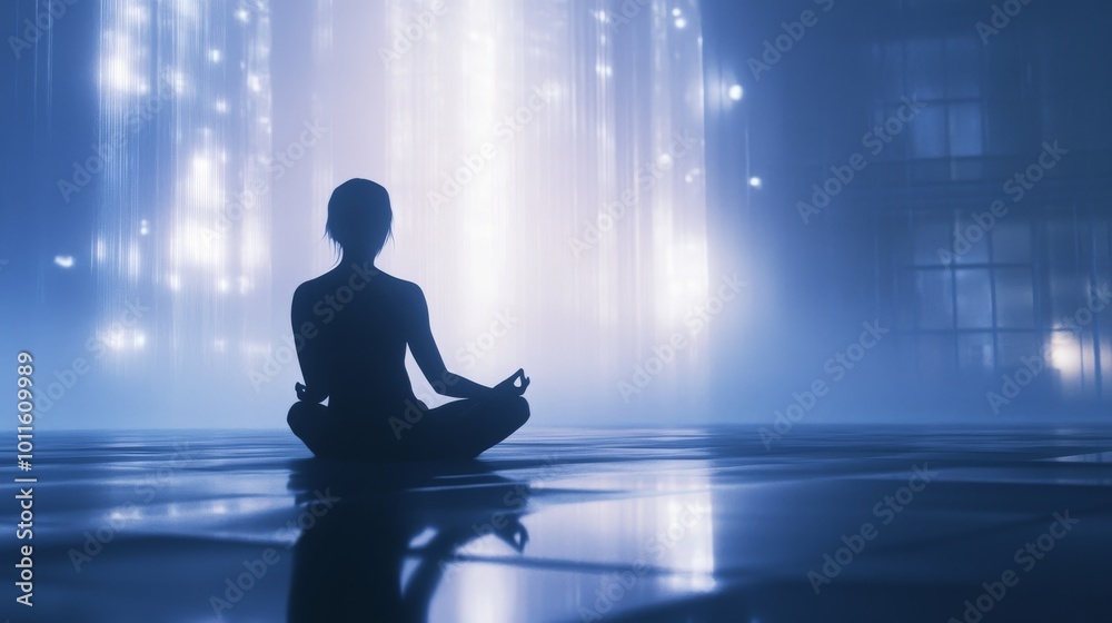 A person sits cross-legged in meditation against a glowing futuristic backdrop. The soft blue lighting and mist create a calm, serene atmosphere, blending meditation with modern technology.. AI