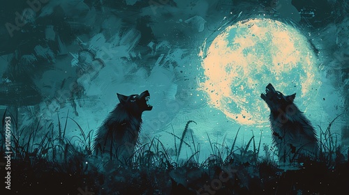 Werewolves howling at the border, in a 2D dark full moon style, perfect for Halloweenthemed decor, with fur bristling and sharp fangs bared, and copy space in the middle photo