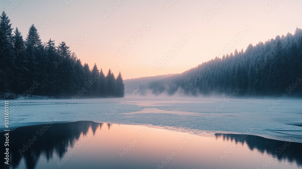 Fototapeta premium Serene Winter Landscape with Frozen Lake and Snow-Covered Trees at Sunset in Mist