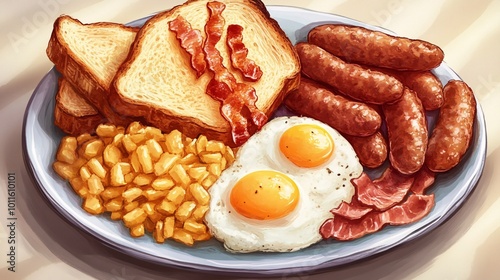 Delicious breakfast platter with eggs, bacon photo