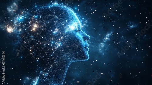 An interwoven network of glowing stars forms the visage of a person, set within a cosmic dreamscape, emphasizing connection and the infinite realm of dreams and ideas.