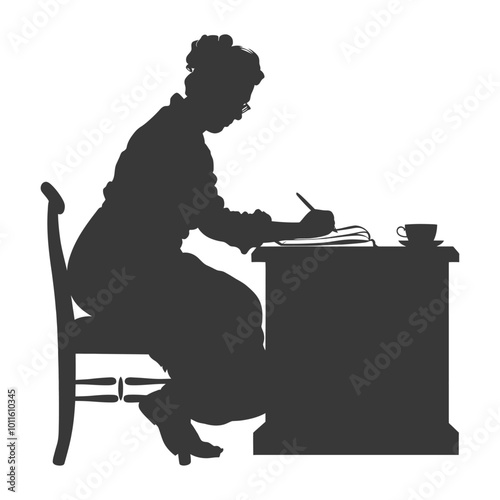 Silhouette of a woman writing at a desk with a cup of coffee