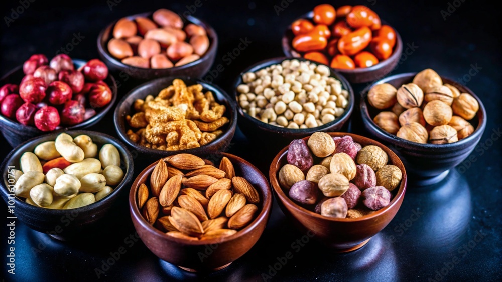Assortment of various nuts and seeds in brown bowls on a dark background. Assortment of various nuts and seeds in brown bowls on a dark background.