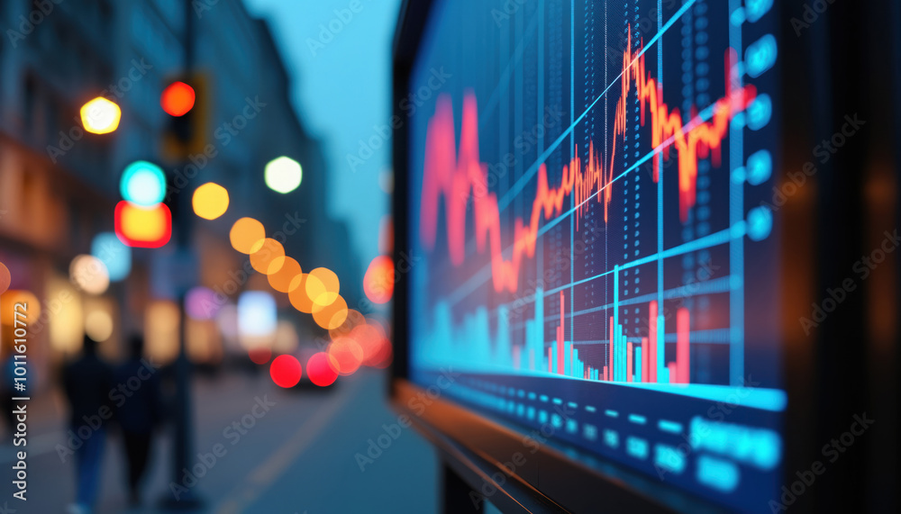 Digital Financial Display on Urban Billboard: A digital display of financial data on an urban billboard, representing the flow of real-time stock market information. Digital Financial Display on Urban Billboard: A digital display of financial data on an urban billboard, representing the flow of real-time stock market information.