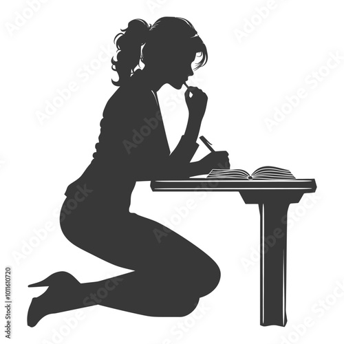 Silhouette of a woman writing in a notebook at a desk