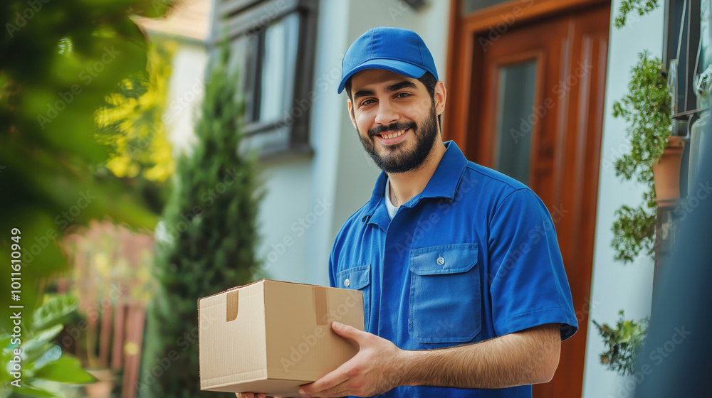 Smiling Delivery Man in Blue Uniform Handing a Cardboard Box to a Customer Outside a House on a Sunny Day Smiling Delivery Man in Blue Uniform Handing a Cardboard Box to a Customer Outside a House on a Sunny Day