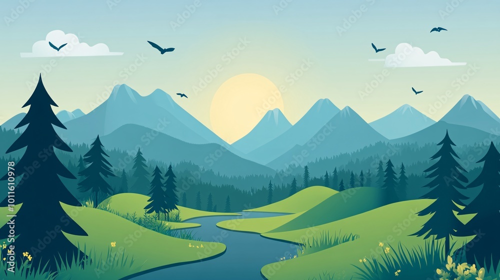 Scenic mountain landscape with river and trees Scenic mountain landscape with river and trees