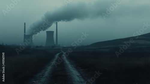 Moody Photograph of a Foggy Landscape Featuring a Power Plant with Smoke Emitting from Chimneys in a Serene and Dramatic Setting