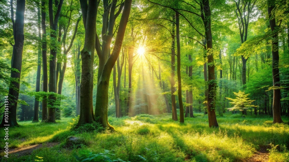 Obraz premium Sunbeams filtering through a dense canopy of leaves in a lush, green forest, illuminating the forest floor with a radiant glow.