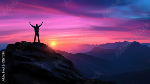 Silhouette Of Man Raising Arms Triumphantly On Mountain Peak With Stunning Vibrant Sunset And Dramatic Landscape