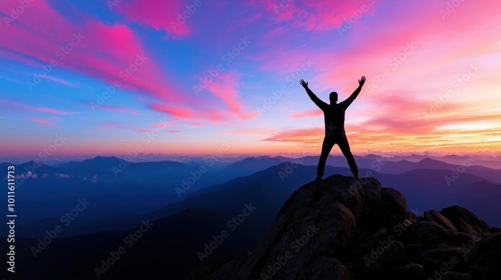 Silhouette of a Man Raising Arms in Triumph on Mountain Peak During Breathtaking Sunset with Vibrant Sky and Expansive Landscape in Background Silhouette of a Man Raising Arms in Triumph on Mountain Peak During Breathtaking Sunset with Vibrant Sky and Expansive Landscape in Background