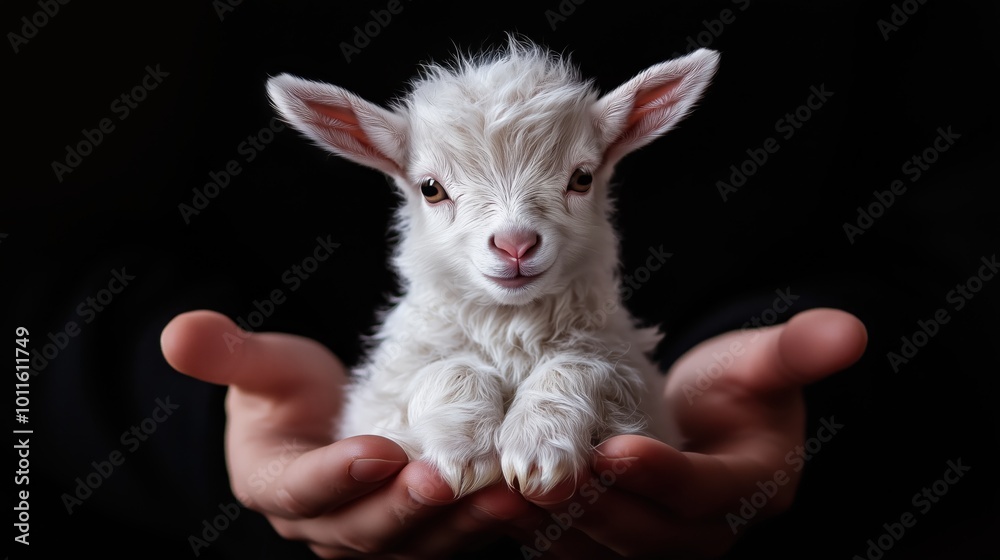 Adorable Baby Goat Nestled in Hands, Showcasing Tender Care and Sweet Innocence Against a Dark Background Adorable Baby Goat Nestled in Hands, Showcasing Tender Care and Sweet Innocence Against a Dark Background
